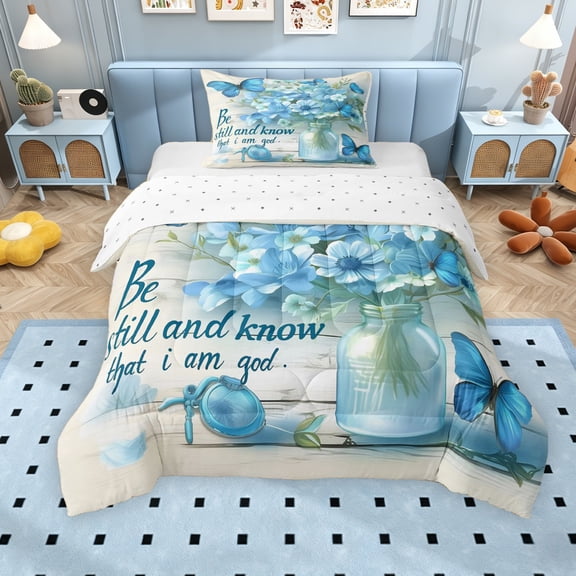 Erosebridal Blue Floral Butterfly Twin Comforter Sets for Girls, Inspiring Words Bedding Set, Reversible, 2pcs