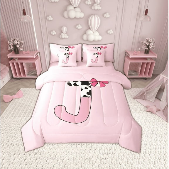 Erosebridal Letter Initial J Bedding Sets Twin Size,Kawaii Bow Comforter Sets with Sheets,Ultra Soft Reversible Bed in a Bag Twin size,Cow Print Decor,7pcs