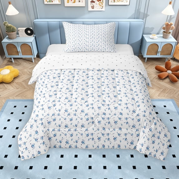 Erosebridal Blue Floral Twin Comforter Sets for Girls, Chic Flower Bedding Set, Reversible, 2pcs