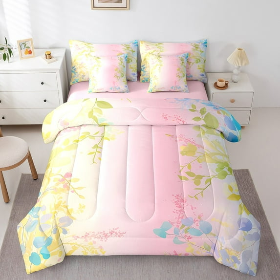 Erosebridal Blue Flower Leaves Bed in a Bag King Size,Rainbow Garden Bed Set,Botanical Floral Bedding King Size,Breathable Bedroom Decor Reversible,7 Pieces