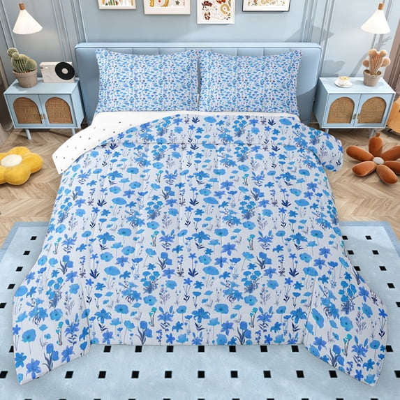 Erosebridal Blue Flower Queen Comforter Set for Girls, Chic Floral Bedding Comforter Set, Reversible, 3pcs