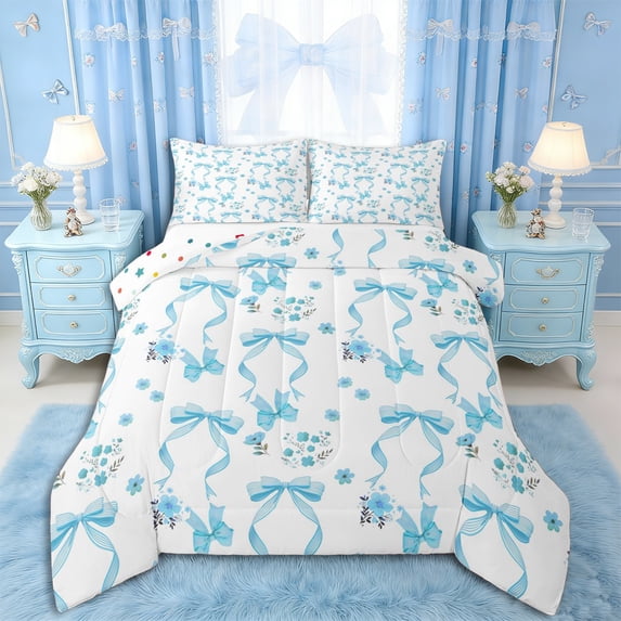 Erosebridal Blue Flowers Bow Tie Full Size Comforter Sets 3 Pieces for Girls Women,Romantic Floral Bow Knot Bedding Sets for Kids Teens,Microfiber Bedroom Decor