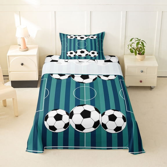 Erosebridal Blue Football Sport Court Twin Sheet Sets,Soccer Theme Boys Ball Games Bedding For Kids 3-Piece