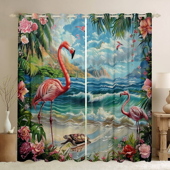 Erosebridal Pink Flamingo Curtains for Living Room,Sea Turtle 30%-50% Blackout Curtains Set of 2 (38x45),Ocean Beach Room Decorative