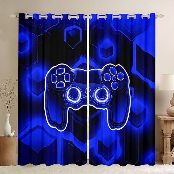 Erosebridal Blue Gamer Curtains for Living Room,Geometric Gamepads 30%-50% Blackout Curtains Set of 2 (38x45),Video Game Curtains and Drapes (38x45),Gradient Bedroom Decoration