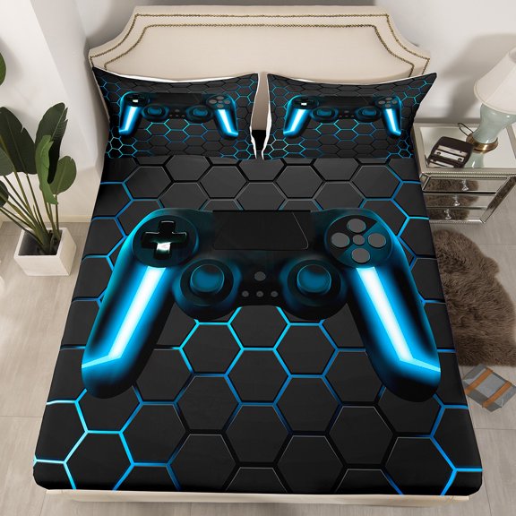 Erosebridal Blue Gaming Bed Sheets Gamer Fitted Sheet Game Home Decor 2 Piece Gamepad Sheets Console Game Controller Bedding Set Video Game Sheets Twin, No Flat Sheet