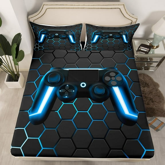 Erosebridal Blue Gaming Bed Sheets Gamer Fitted Sheet Game Home Decor 2 Piece Gamepad Sheets Console Game Controller Bedding Set Video Game Sheets Twin, No Flat Sheet