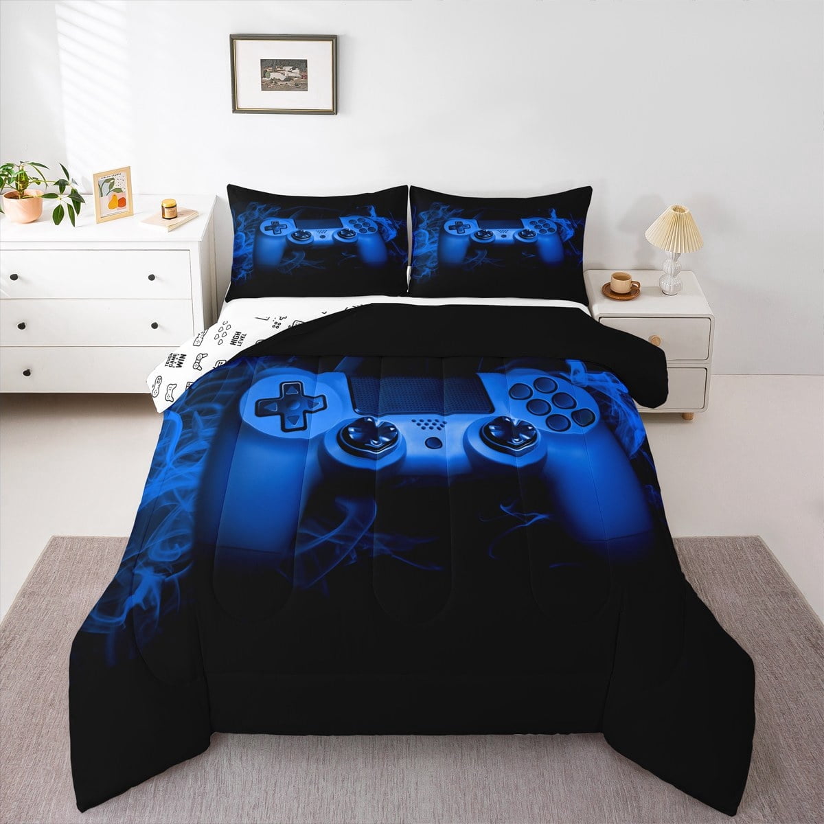 Erosebridal Blue Gaming Comforter Set Queen Size Gamer Comforter Teens Video Game Decor Bedding Set 3 Piece Console Game Controller Quilted Duvet Set Soft Black