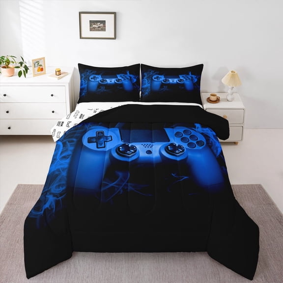 Erosebridal Blue Gaming Comforter Set Queen Size Gamer Comforter Teens Video Game Decor Bedding Set 3 Piece Console Game Controller Quilted Duvet Set Soft Black