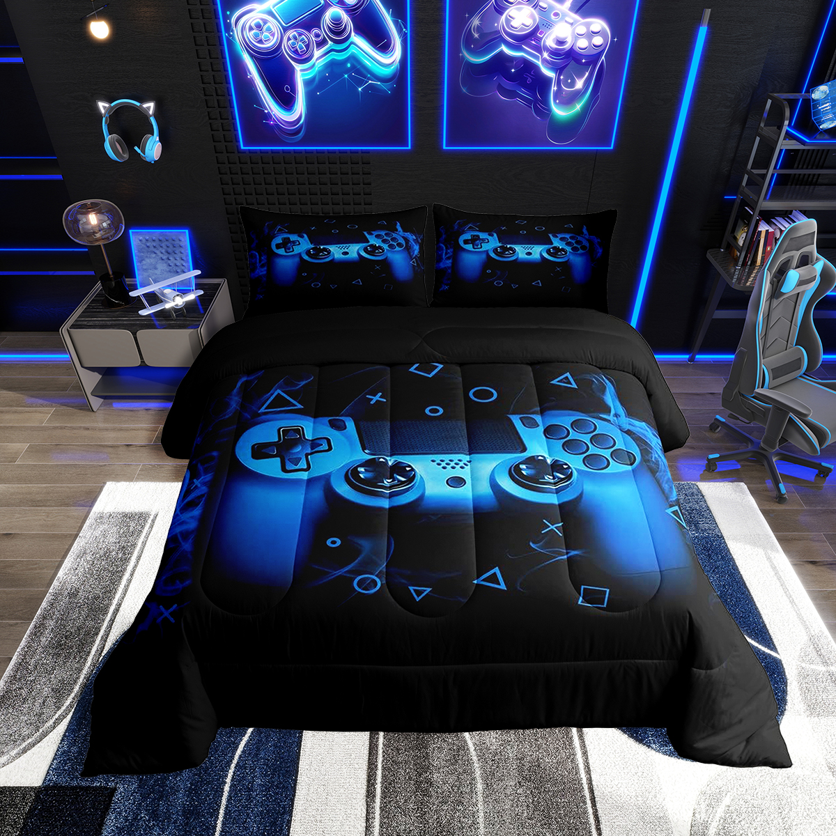 Feelyou Gaming Comforter Set Queen Size - Video Game Controller Pattern, Blue Gamer Bedding