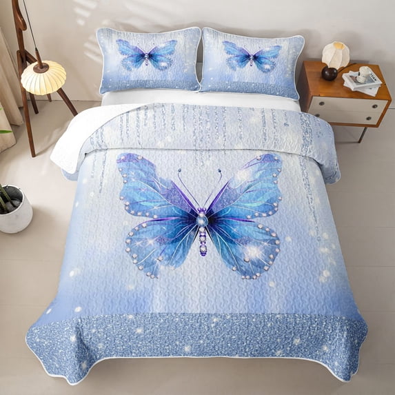 Erosebridal Blue Gem Butterfly Quilt Full for Girls, Shimmer Streamer Print Full Bedspread Sets, 3 Pieces