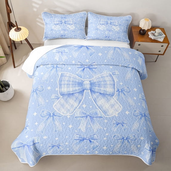 Erosebridal Blue Geometric Grid Quilt King,Girls Lovely Bowknot King Coverlet Set For Kids,3-Piece