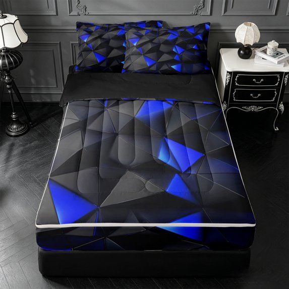 Erosebridal Blue Geometric Triangle Zipper Twin Comforter Sets with Fitted Sheet and 2 Pillowcases,3D Modern Tech Print Zipper Bedding Set For Boys,Black Reversible,4pcs
