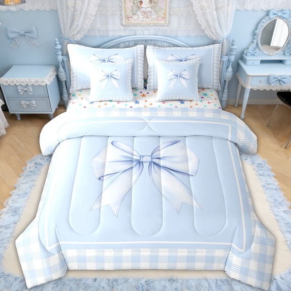 Erosebridal Blue Gingham Bow Twin Bedding Sets, Buffalo Ribbon Bedding Comforter Set for Kids Girls, Colorful Stars Reversible, 7pcs