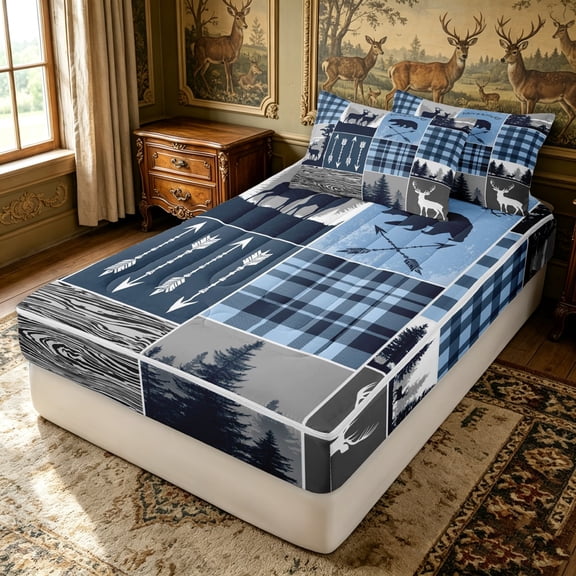 Erosebridal Blue Gingham Plaid Zipper Twin Comforter Sets with Fitted Sheet and 2 Pillowcases for Women Men, Woodland deer Print Zipper Bedding Set, Black Reversible, 4 Pieces