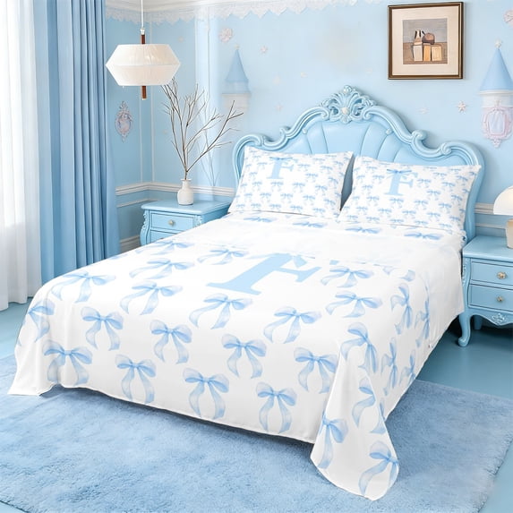 Erosebridal Blue Girly Bow Queen Sheet Sets For Kids,Coquette Bowknot Print Letter F Initial Bed Set 4pcs