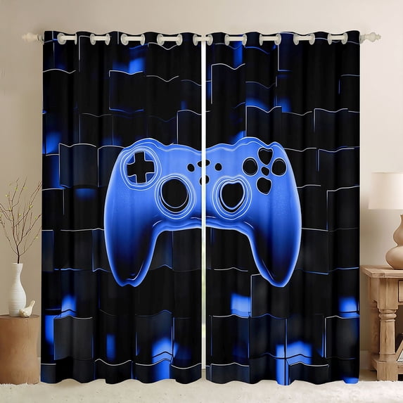 Erosebridal Blue Glow Gaming Pad Print Blackout Curtains,Neon Cube Grid ...