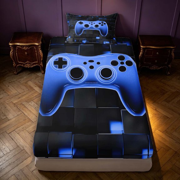 Erosebridal Blue Glow Gaming Pad Print Twin Fitted Sheet,Neon Cube Grid Bedding,2pcs,1 Fitted Sheet and 1 Pillowcase