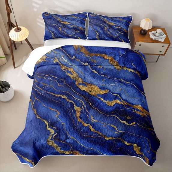 Erosebridal Blue Gold Marble Twin Quilt Set,Modern Abstract Art Twin Coverlet Set For Adults,2pcs