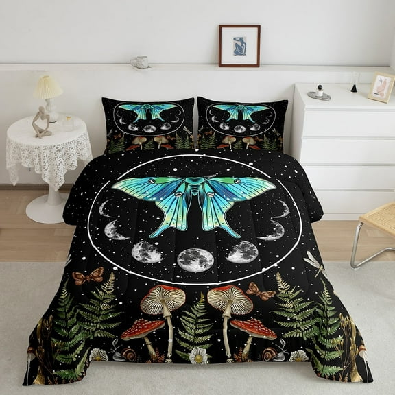 Erosebridal Blue Gothic Moth Bedding Comforter Sets, Bohemian Trippy Mushroom Bedding Sets Queen Moon Phase Duvet Insert Dragonfly Butterfly Quilted Comforter, Psychedelic Galaxy Glitter Stars Duvet