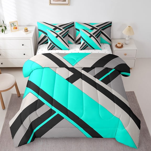 Erosebridal Blue Gray Geometic Bedding Sets Twin Size,Abstract Geometry Comforter Sets with Sheets,Stripes Lines Bed in a Bag Twin Size,Lightweight Room Decor Reversible,7-Piece