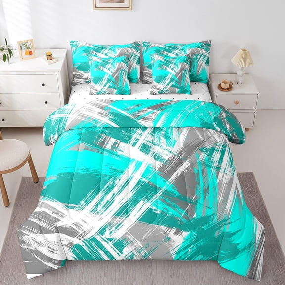 Erosebridal Blue Gray Graffiti Bed in a Bag Full Size,Geometric Lines Bed Set,Modern Aesthetic Art Bedding Full Size,Ultra Soft Room Decorative Reversible,7 Pieces