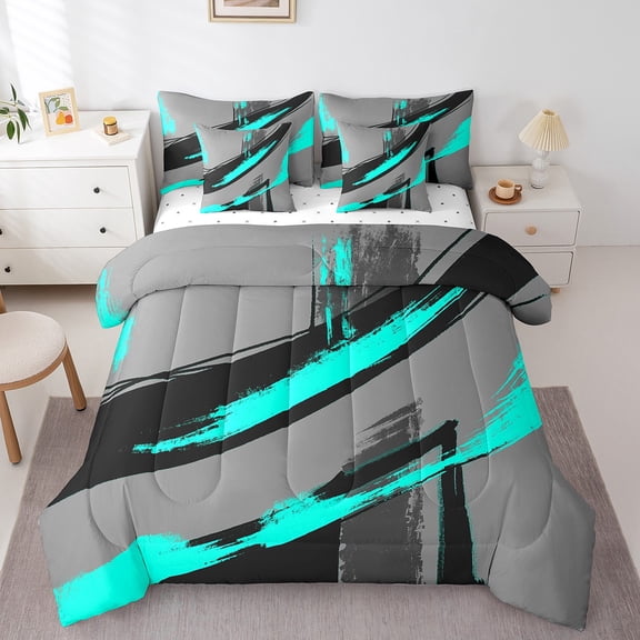 Erosebridal Blue Gray Graffiti Bedding Full Size,Minimalist Geometric Lines Comforter Sets with Sheets,Modern Aesthetic Art Bedding Sets Full Size,Ultra Soft Room Decorative Reversible,7pcs