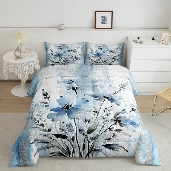 Erosebridal Blue Groovy Bedding Sets Twin with Comforter, Watercolor Flower Duvet Insert, Daisy Floral Comforter Sets Twin Size, Super Cozy Bedroom Decoration, 2pcs