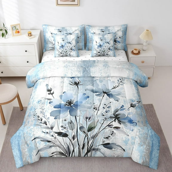Erosebridal Blue Groovy Bedding Twin Size, Watercolor Flower Bed Set, Daisy Floral Bed in a Bag Twin size, Super Cozy Bedroom Decoration, 7pcs