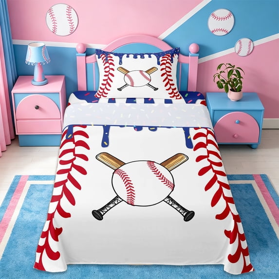 Erosebridal Blue Ice Cream Twin Sheet Sets,Baseball Ball Games Theme Bedding For Kids Boys 3-Piece