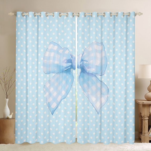 Erosebridal Blue Kawaii Bow Curtains Pack of 2 (42x84 Each),Cartoon Polka Dot Print Curtains Blackout For Kids Girls