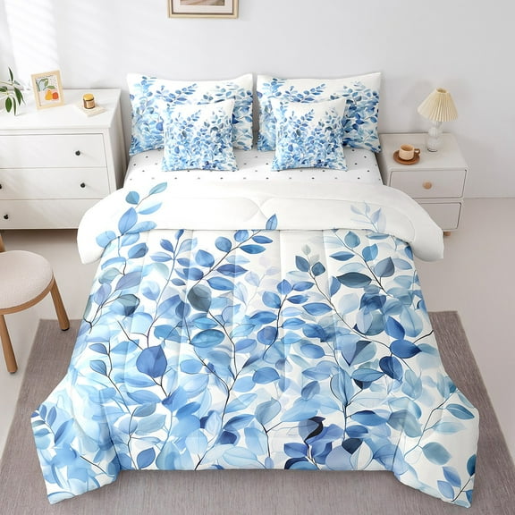 Erosebridal Blue Leaves Branch Bedding Sets Twin Size,Leaf Floral Print Comforter Sets with Sheets,Botanical Plant Bed in a Bag Twin Size,Ultra Soft Room Decoration,7-Piece