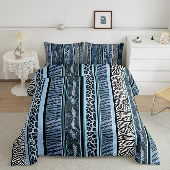 Erosebridal Blue Leopard Print Bedding Sets Queen with Comforter, Wildlife Duvet Insert, Cheepah Zebra Decor, 3pcs