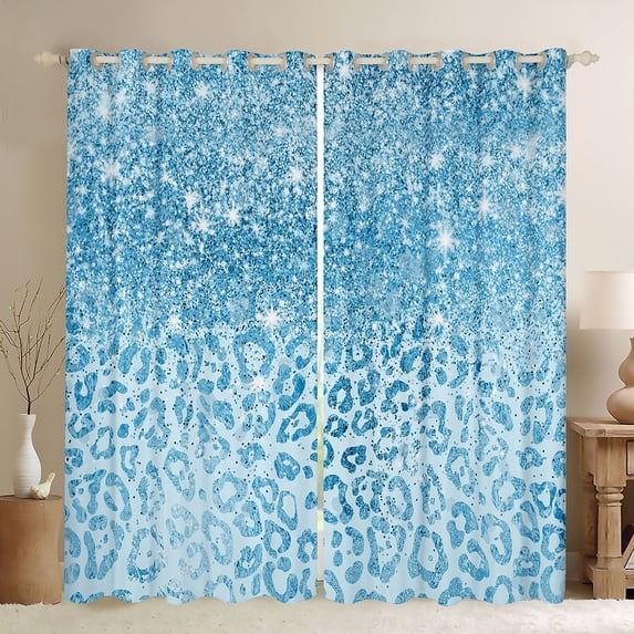 Erosebridal Blue Leopard Print Glitter Print Curtains Pack of 2 (42x84 Each) For Girls,Abstract Cheetah Print Curtains Blackout For Teens