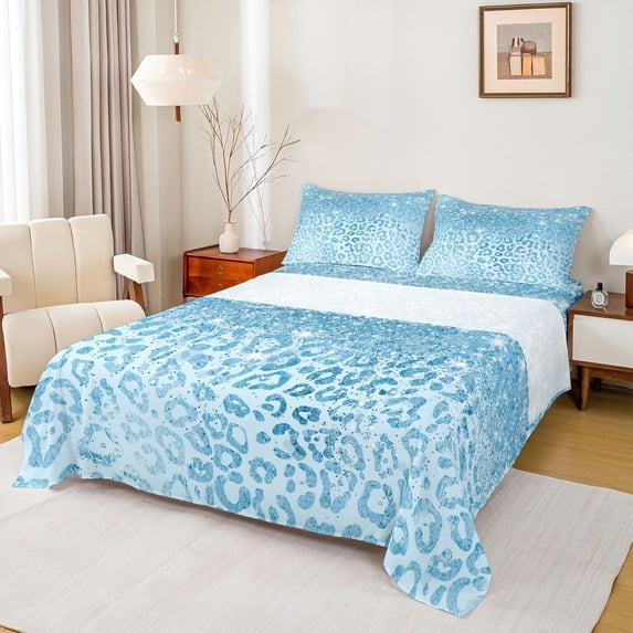 Erosebridal Blue Leopard Print Glitter Print Queen Sheet Sets 4 Pieces For Girls,Abstract Cheetah Print Bed Set For Teens