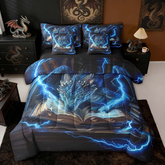 Erosebridal Blue Lightning Book Dragon Bedding Comforter Set for Boys and Girls, Blue Electric Fantasy Queen Bedding Sets, Black Reversible, 7pcs