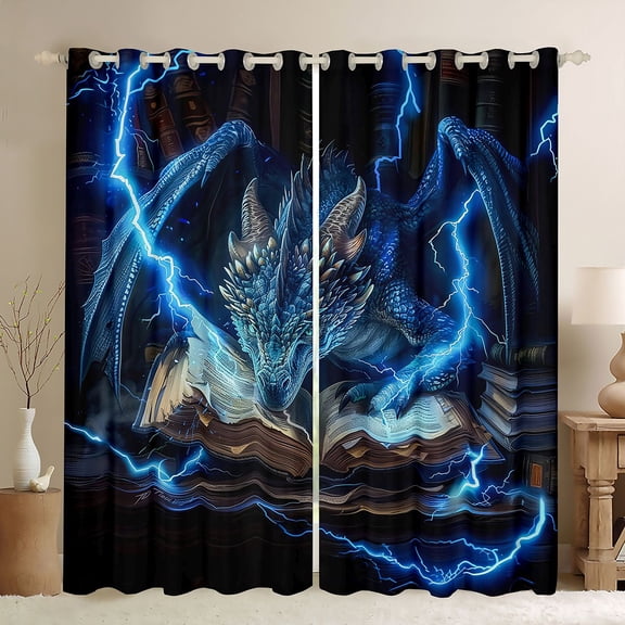 Erosebridal Blue Lightning Book Dragon Black Out Curtains for Boys and Girls, Blue Electric Fantasy Curtains Pack of 2 (42x63 Each)