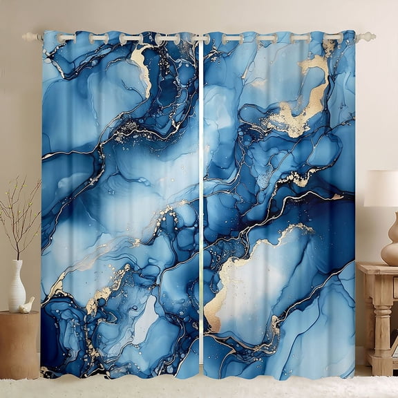 Erosebridal Blue Marble Black Out Curtains, Gold Metalic Curtains Pack of 2 (42x63 Each)