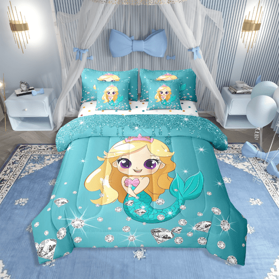 Erosebridal Blue Mermaid Bedding Sets Twin Size,Bling Sequin Print Comforter Sets With Sheets,Crystal Room Decorative,Reversible,Breathable,7Pcs