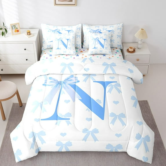 Erosebridal Blue Monogrammed N Bed in a Bag Queen size, Kawaii Bowknot Bed Set, Initial Letter Reversible Bedding Queen Size, Ultra Soft Bedroom Decoration, 7pcs