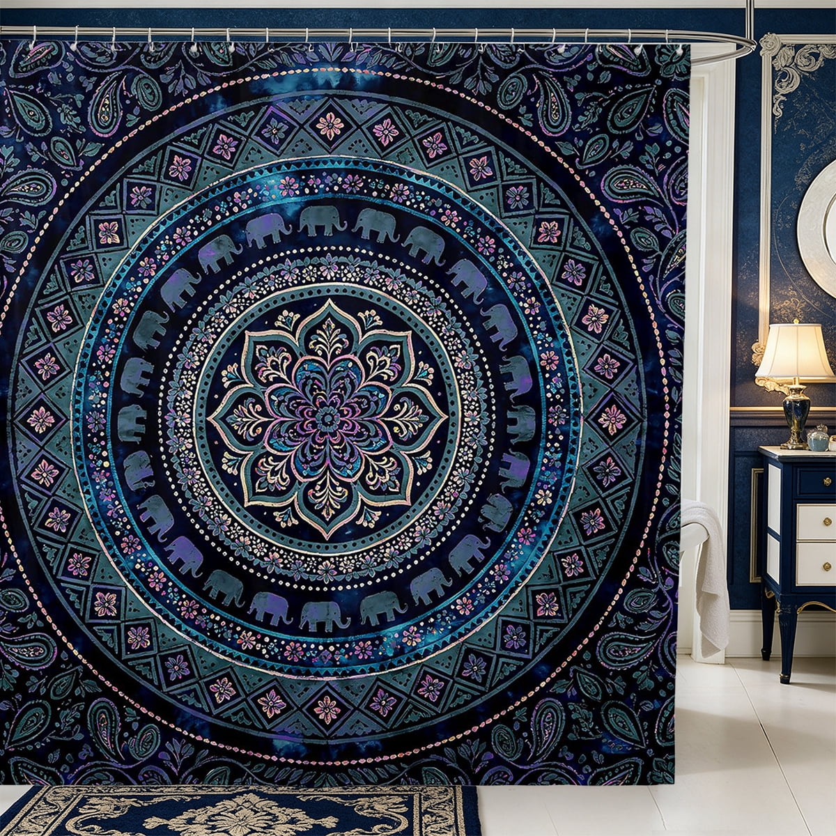Erosebridal Blue Mosaic Flower Shower Curtain 72Wx72L,Gold Cathedral ...