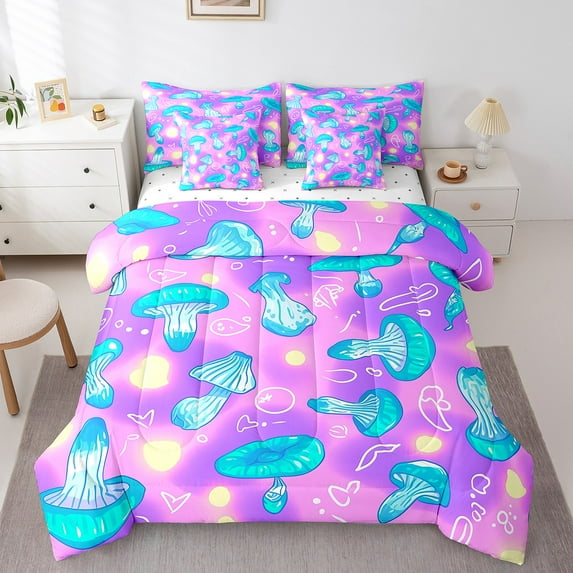Erosebridal Blue Mushroom Bedding Queen Size,Botanical Plants Comforter Sets with Sheets,Abstract Colorful Bedding Sets Queen Size,Breathable Teen Bedroom Decor,Reversible,7 Pieces