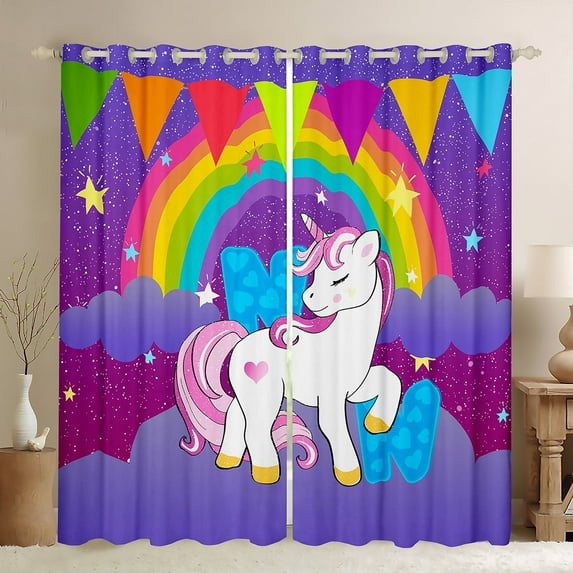 Erosebridal Blue N Curtains for Living Room, Dreamy Unicorn Animal Blackout Curtains Set of 2 (38x45), Initial Letter Black Out Curtains, Window Drapes Room Decorative