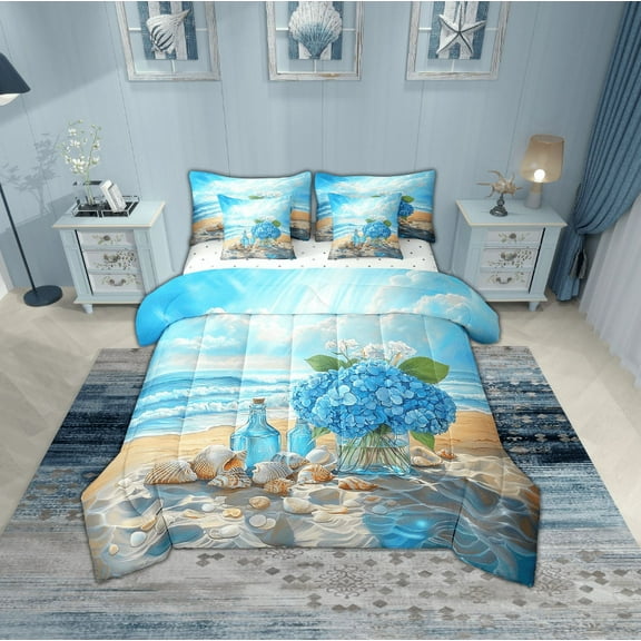 Erosebridal Blue Ocean Bedding Sets Twin Size, Beach Seashell Comforter Sets with Sheets, Flower Reversible Bedding Twin Size, Ultra Soft Bedroom Decor, 7 Pieces