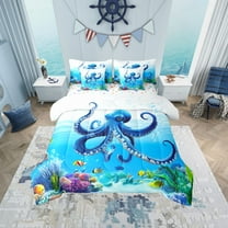 Erosebridal Blue Octopus Bed in a Bag Twin size, Underwater World Bed Set, Cartoon Ocean Reversible Bedding Twin Size, Lightweight Room Decor, 7-Piece