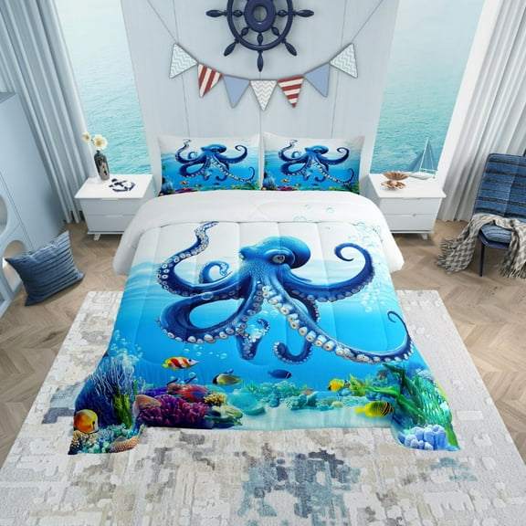 Erosebridal Blue Octopus Bedding Sets Twin with Comforter, Underwater World Duvet Insert, Cartoon Ocean Reversible Comforter Sets Twin Size, Lightweight Room Decor, 2-Piece