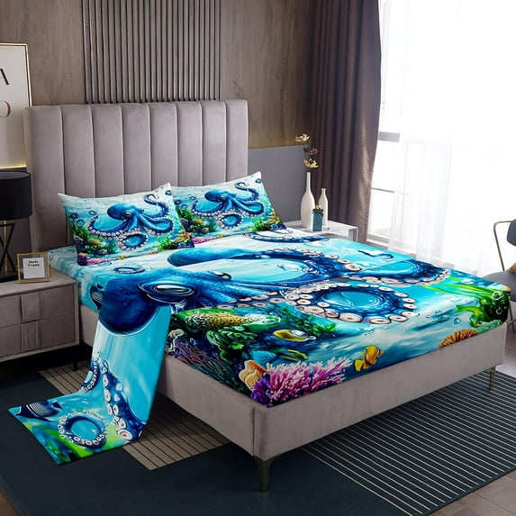 Erosebridal Blue Octopus Sheet Set Twin,Underwater World Bedding Sets Twin Size,Ultra Soft Bed Sheets Twin,Teen Bedroom Decor,3pcs
