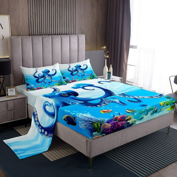 Erosebridal Blue Octopus Twin Sheet Sets, Underwater World Bed Sheets Twin, Cartoon Ocean Bedding Twin Size, Lightweight Room Decor, 3-Piece
