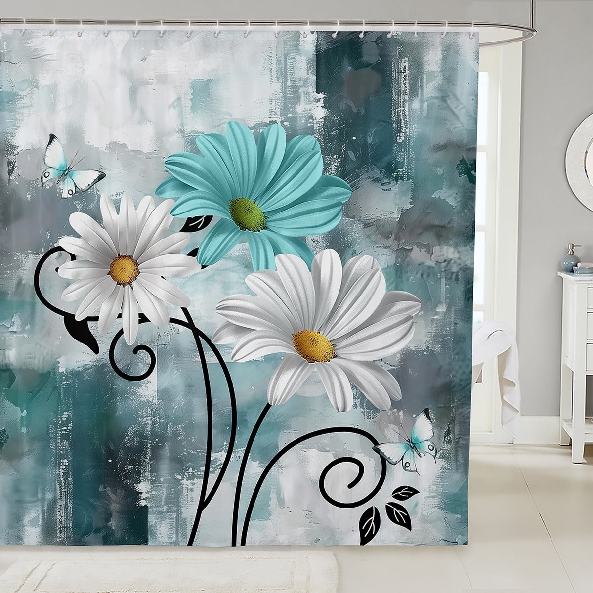 Erosebridal Blue Ombre Bathroom Curtain 72x78,Vintage Plant Floral ...