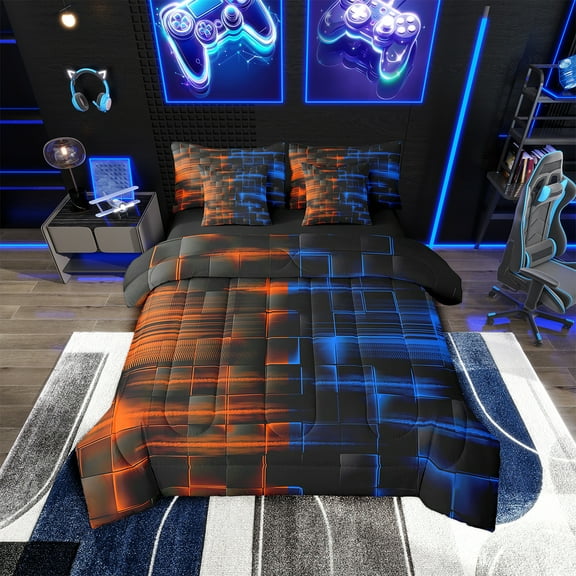 Erosebridal Blue and Orange Comforter Set With Sheets7 piece Twin Size Geometric Bed in a Bag Geometry Strip Lines Bedding Set Abstract Art Bed Set with Comforter,Sheets,Pillowcases